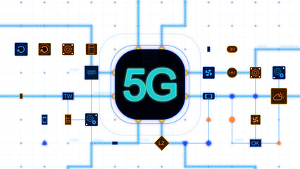 Poster - Blue 5G at the center of a rounded rectangle with circuit, connections and blue grid on a transparent background, horizontal composition. Overlay texture for graphic design.