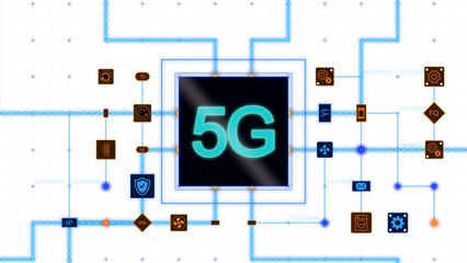 Poster - Blue 5G at the center of a square with circuit, connections and blue grid on a transparent background, horizontal composition. Overlay texture for graphic design.