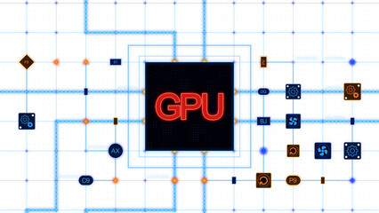 Poster - Red GPU at the center of a square with circuit, connections and blue grid on a transparent background, horizontal composition. Overlay texture for graphic design.