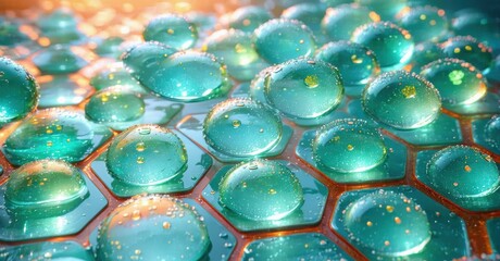 Poster - Hexagonal droplets cover surface. Teal, orange hues create abstract texture. Light reflects, sparkles within liquid forms. Closeup view.