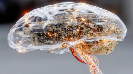 Poster - A glowing digital brain entangled in illuminated neural wires, representing futuristic neuroscience and artificial intelligence