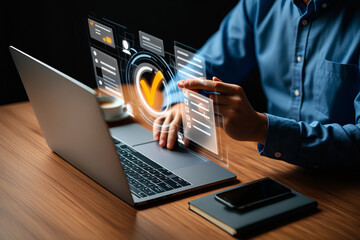 Poster - Person Using Laptop with Holographic Checklist Interface for Online Task Management