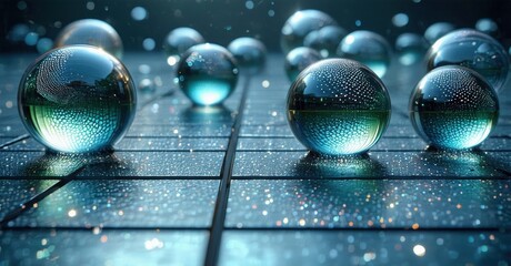 Poster - Glass spheres rest upon dark grid. Reflections shimmer, creating futuristic, digital aesthetic. Subtle light enhances depth.