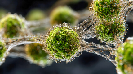 Poster - Abstract representation of green molecular clusters connected by transparent, web-like strands, suspended in a dark scientific background