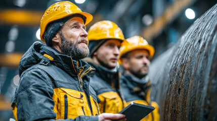 Poster - Engineers in protective gear examine data on a tablet inside a rainy, industrial pipe manufacturing facility