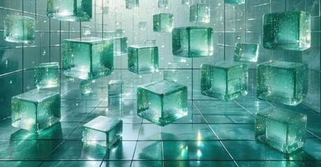Poster - Abstract room filled with glowing turquoise cubes. Reflections create infinite depth, futuristic aesthetic. Minimalist design, serene atmosphere.
