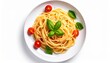 © MdRakibul - spaghetti on a plate. spaghetti tomatoes, onions isolated on white