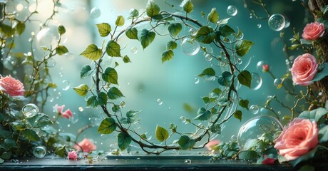 Poster - Floral arrangement features roses, vines, bubbles. Soft lighting creates dreamy, ethereal scene. Delicate beauty, natural elements present.