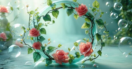 Poster - Floral arrangement inside glass sphere. Roses, vines, bubbles create dreamy, ethereal scene. Soft light enhances delicate beauty.