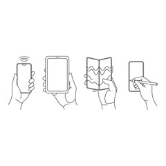 Poster - Hands holding different types of mobile devices isolated on white