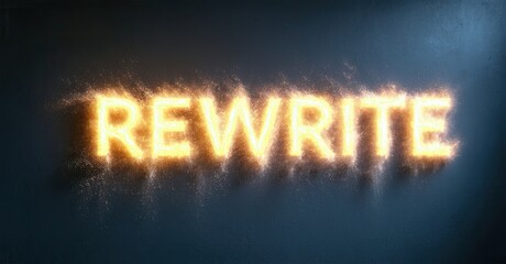 Aufkleber - Fiery text spells rewrite. Bright yellow glows against dark blue background. Sparks radiate from letters, creating dramatic effect.
