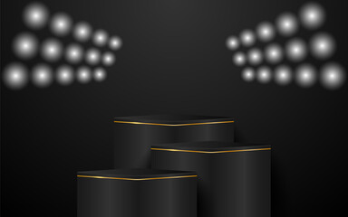Poster - Multi-layered black podium with gold lines and spotlights shining down for product presentation. Display of cosmetic products. Stage or podium. vector illustration	