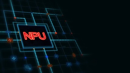 Poster - Red 3d NPU in a square with glowing circuit, line connections and blue grid at the left of a dark background, horizontal composition. Loop animation footage for graphic design.