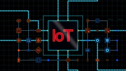 Poster - Red IoT at the center of a square with circuit, connections and blue grid on a dark background. Animated texture, horizontal composition. Loop animation footage for graphic design.