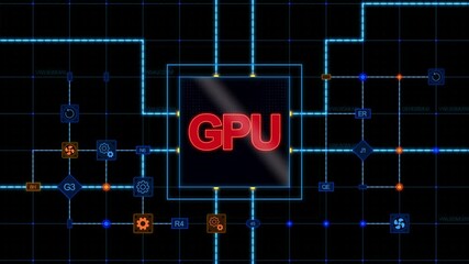 Poster - Red GPU at the center of a square with circuit, connections and blue grid on a dark background. Animated texture, horizontal composition. Loop animation footage for graphic design.