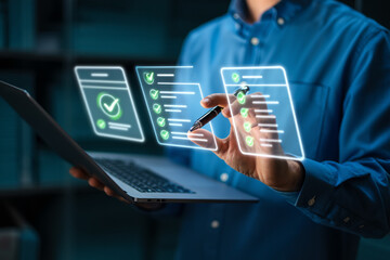 Poster - Businessman using laptop and checking digital checklist on holographic interface