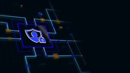 Poster - Blue 3d privacy data icon in a square with circuit, connections and blue grid at the left of a dark background, horizontal composition. Loop animation footage for graphic design.