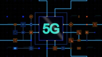 Poster - Blue 5G at the center of a square with circuit, connections and blue grid on a dark background. Animated texture, horizontal composition. Loop animation footage for graphic design.