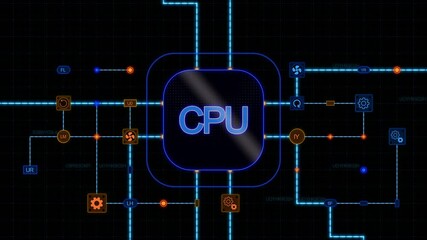 Poster - Blue CPU at the center of a rounded rectangle with circuit, connections and blue grid on a dark background. Animated texture, horizontal composition. Loop animation footage for graphic design.