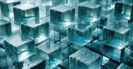 Poster - Abstract cubes, wet surfaces, cool tones. Reflections create infinite depth, futuristic design. Minimalist composition, digital rendering.