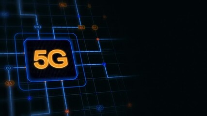 Poster - Orange 3d 5G in a rounded rectangle with glowing circuit and blue grid at the left of a dark background, horizontal composition. Loop animation footage for graphic design.