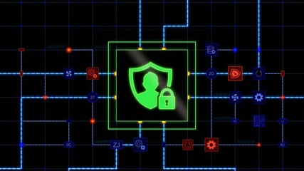 Poster - Green privacy data icon at the center of a square with circuit, connections and blue grid on a dark background. Animated texture, horizontal composition. Loop animation footage for graphic design.