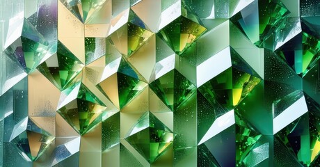 Aufkleber - Abstract geometric pattern. Faceted crystals create vibrant green, gold textures. Light reflections add depth, complexity.