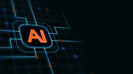 Poster - Orange 3d AI in a rounded rectangle with glowing circuit, line connections and blue grid at the left of a dark background, horizontal composition. Loop animation footage for graphic design.