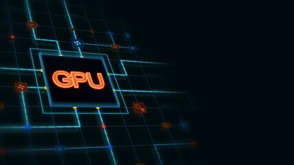 Poster - Orange 3d GPU in a square with glowing circuit, line connections and blue grid at the left of a dark background, horizontal composition. Loop animation footage for graphic design.