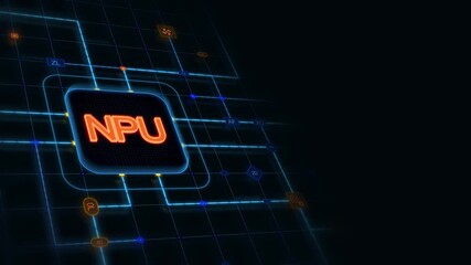 Poster - Orange 3d NPU in a rounded rectangle with glowing circuit, line connections and blue grid at the left of a dark background, horizontal composition. Loop animation footage for graphic design.