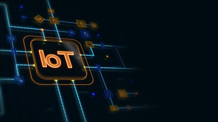 Poster - Orange 3d IoT in a rounded rectangle with circuit, connections and blue grid at the left of a dark background, horizontal composition. Loop animation footage for graphic design.