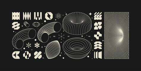 Aufkleber - Vector graphic assets kit acid style, Postmodern abstract geometric shapes with wireframe elements of different forms, Y2K trendy design in brutalism aesthetic, template symbols set 16