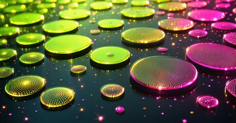 Aufkleber - Bright circles glow, varying shades pink, green. Dark background creates depth, visual interest. Sparkles add dynamic effect.