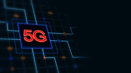 Poster - Red 3d 5G in a square with glowing circuit and blue grid at the left of a dark background, horizontal composition. Loop animation footage for graphic design.
