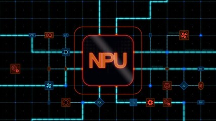 Poster - Orange NPU at the center of a rounded rectangle with circuit, connections and blue grid on a dark background. Animated texture, horizontal composition. Loop animation footage for graphic design.