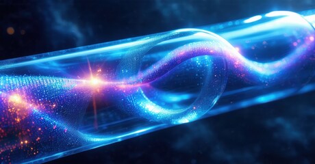 Poster - Bright energy flows within tubular structure. Vivid blue, purple hues dominate dark background. Sparkling particles create dynamic visual effect.