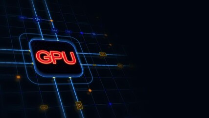 Poster - Red 3d GPU in a rounded rectangle with glowing circuit, line connections and blue grid at the left of a dark background, horizontal composition. Loop animation footage for graphic design.