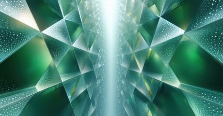 Poster - Abstract geometric shapes, teal hues, bright central light source. Water droplets add texture, creating futuristic tunnel effect.