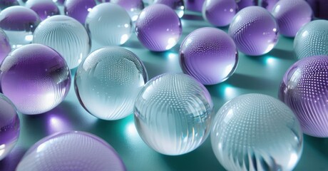 Poster - Spheres, purple, teal surface. Reflective orbs create abstract pattern, light plays across textured glass forms. Minimalist composition.