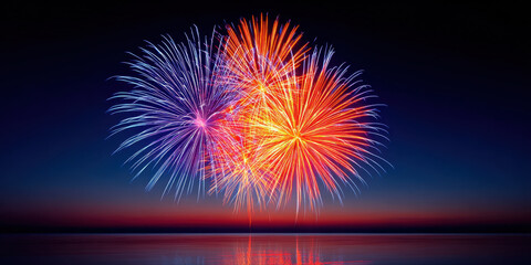 Poster - Spectacular colorful fireworks display with red and blue bursts lighting up night sky over calm water, creating festive and joyful scene