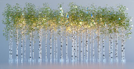 Aufkleber - Birch forest scene. Trees rise from misty water. Light filters through foliage, creating ethereal glow. Peaceful, serene landscape.