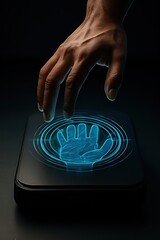 Poster - Smart Home Cybersecurity: A Concept for Safe Living. A hand hovering over a glowing holographic interface with a handprint design.