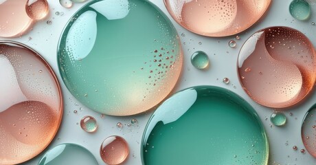 Aufkleber - Abstract macro photo shows colorful liquid droplets. Teal, peach hues dominate composition. Bubbles reflect light, creating interesting textures.