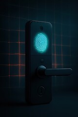 Leinwandbilder - Smart Home Cybersecurity: A Concept for Safe Living. A modern fingerprint door lock on a dark background.