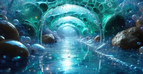 Aufkleber - Tunnel formed by bubbles, water, rocks. Light shines distantly, creating ethereal, otherworldly scene. Depth suggests journey.