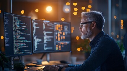 Poster - Coding expert at work modern office digital content evening environment side view technology insights