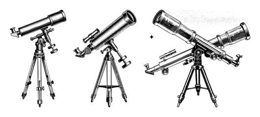 Wall Mural - vector vintage astronomical telescopes on tripods are illustrated in a detailed engraving style.