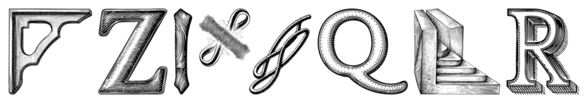Vector Intricate vintage lettering spells out FIZGER in a detailed engraved style.