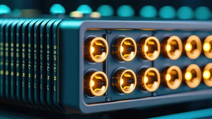 Poster - Close-Up of Modern Audio Equipment with Illuminated Connectors and Detailed Control Panel for Music Production and Sound Engineering