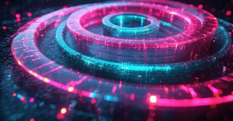Poster - Abstract spiral design. Neon lights create glowing rings, digital particles float around dark background. Futuristic, vibrant imagery.
